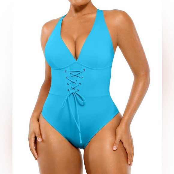 SHAPELLX Women's Slimming Swimwear Push Up V Neck Tummy Control Swim Suits Blue - Picture 1 of 9